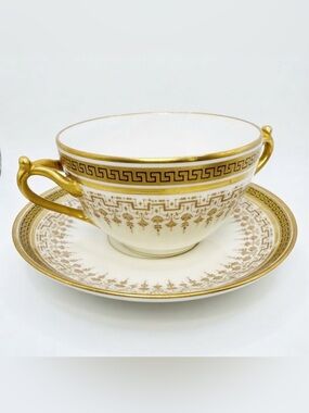 Vintage Limoges D&C France Gold Greek Key Double Handle Soup Cup & Saucer
